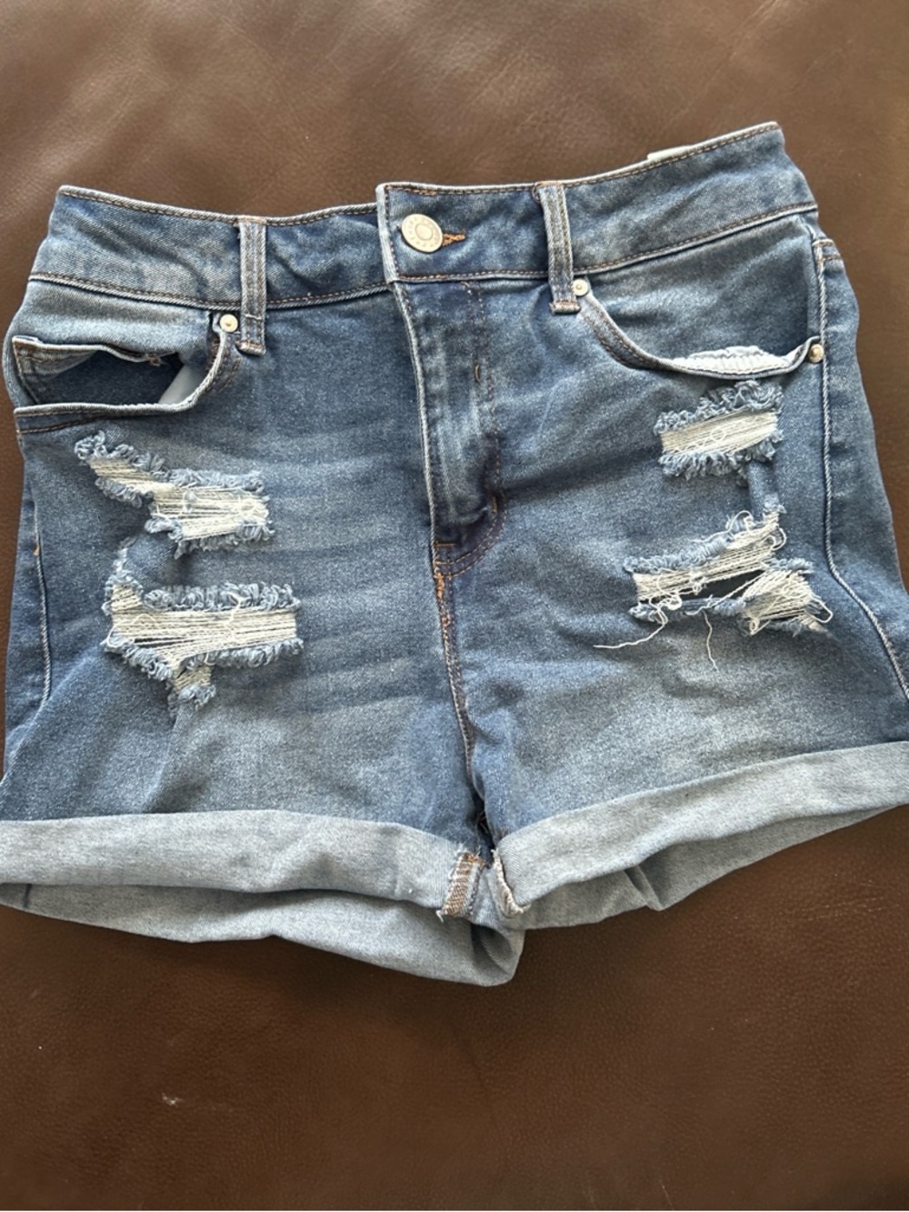 refuge Distressed Rolled Hem Jean Shorts - Blue